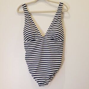 PEZ D'OR One Piece Marine Navy Striped V Neck Swimsuit Size Large/12